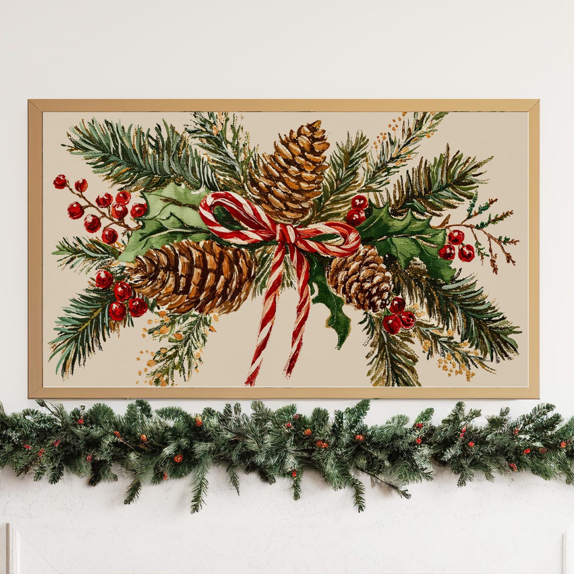 Christmas Botanical Swag Pinecones Holly Candy Cane Ribbon Poster - Image 4