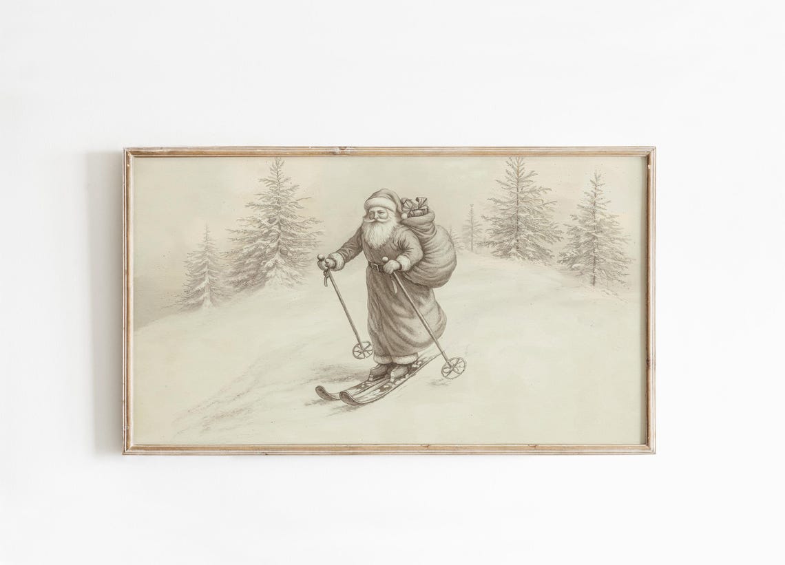 Vintage Santa Claus Skiing Snow Sketch Neutral Christmas Poster