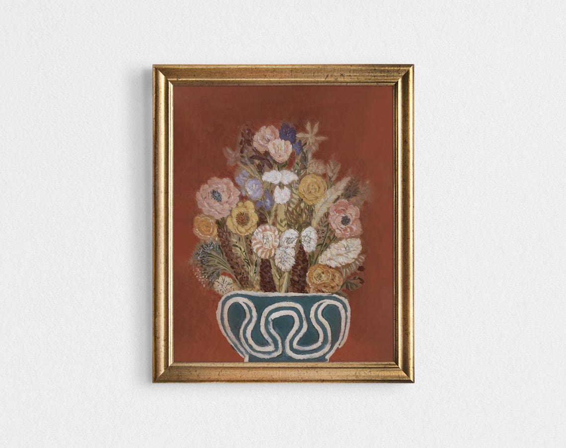 Wildflower Bouquet Teal Vase Rust Backdrop Vintage Still Life Poster - Image 4