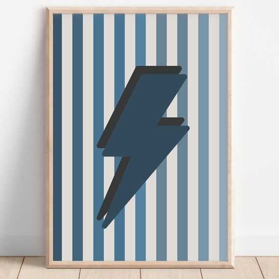 Navy Lightning Bolt Kids Poster On Blue And White Striped Background