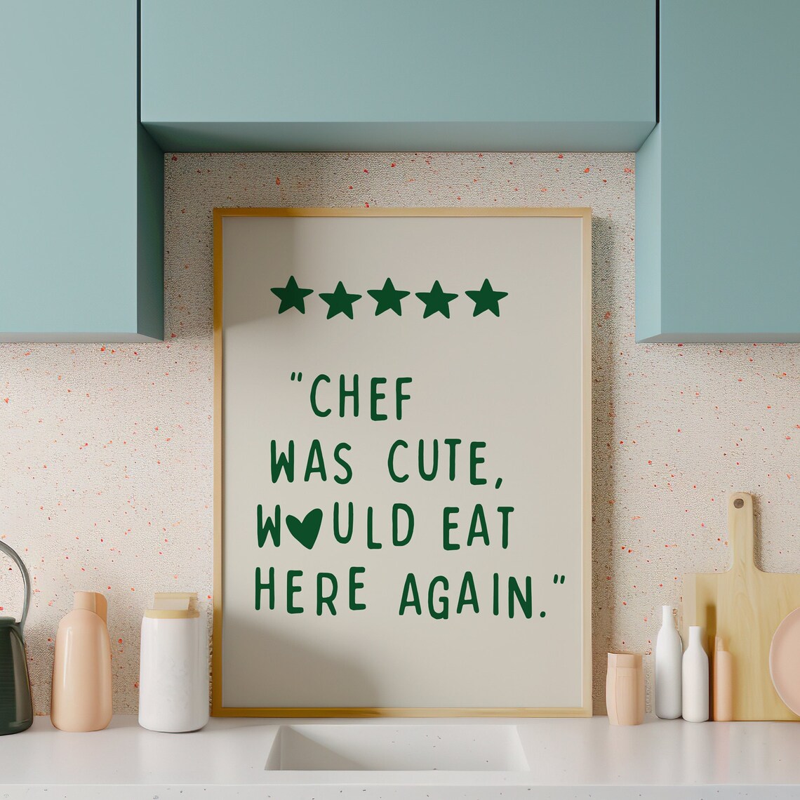 Aesthetic Kitchen Decor Cute Cooking Art Kitchen Wall Art Minimalist Heart Print Housewarming Gift Green Chef Art