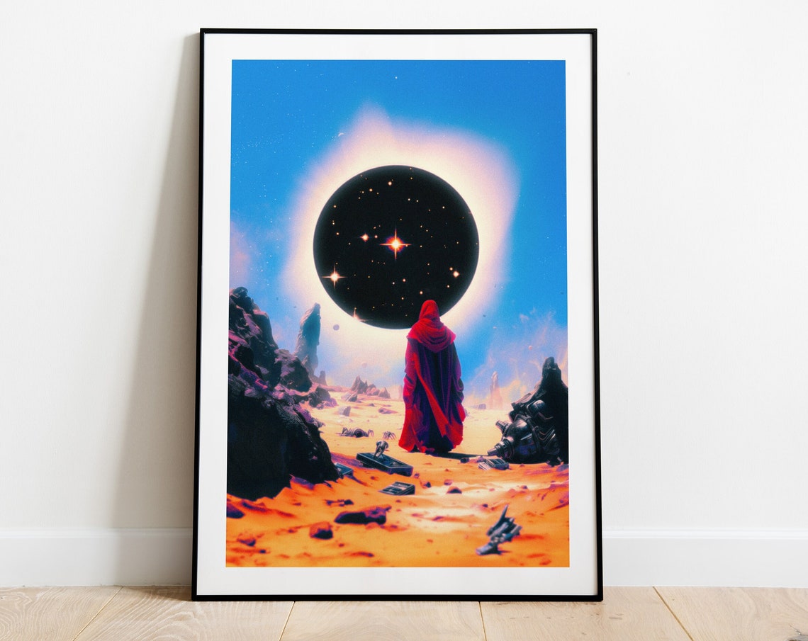 Celestial Guardian Red Hooded Figure Black Hole Sci Fi Space Wall Art