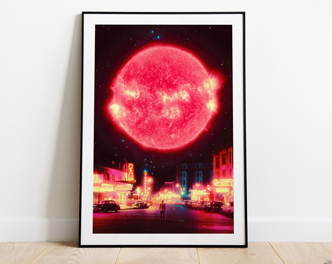 Neon Nightfall Giant Red Sun Neon City Street Retro Futurism Poster