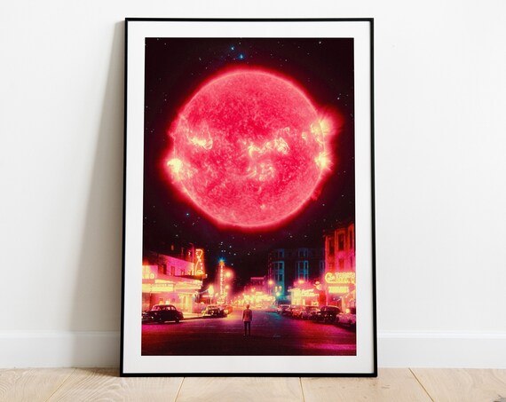 Neon Nightfall Giant Red Sun Neon City Street Retro Futurism Poster