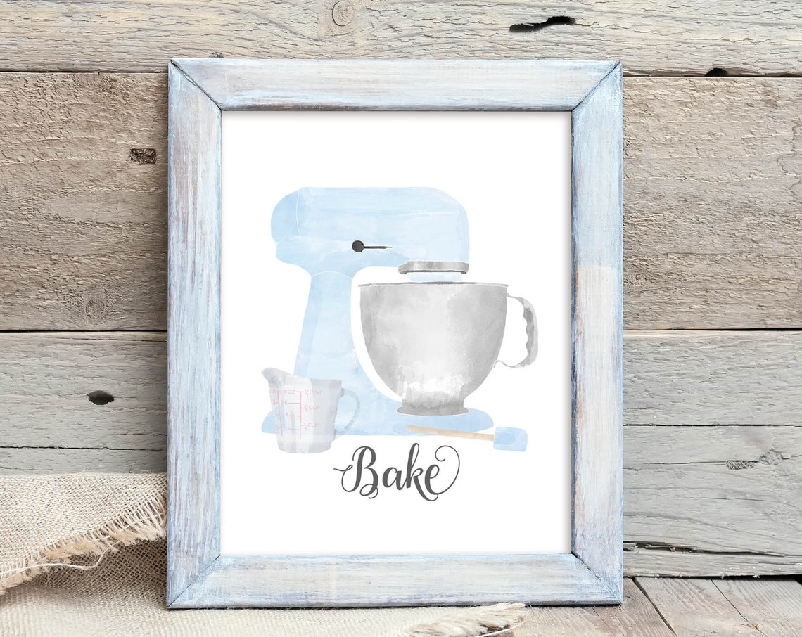 Light Blue Watercolor Stand Mixer Bake Kitchen Cooking Art Poster