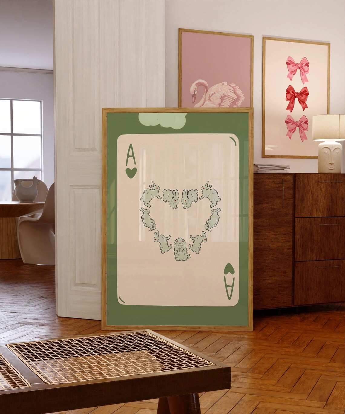 Green Ace of Hearts Playing Card Poster with Bunnies in a Heart Shape - Image 4