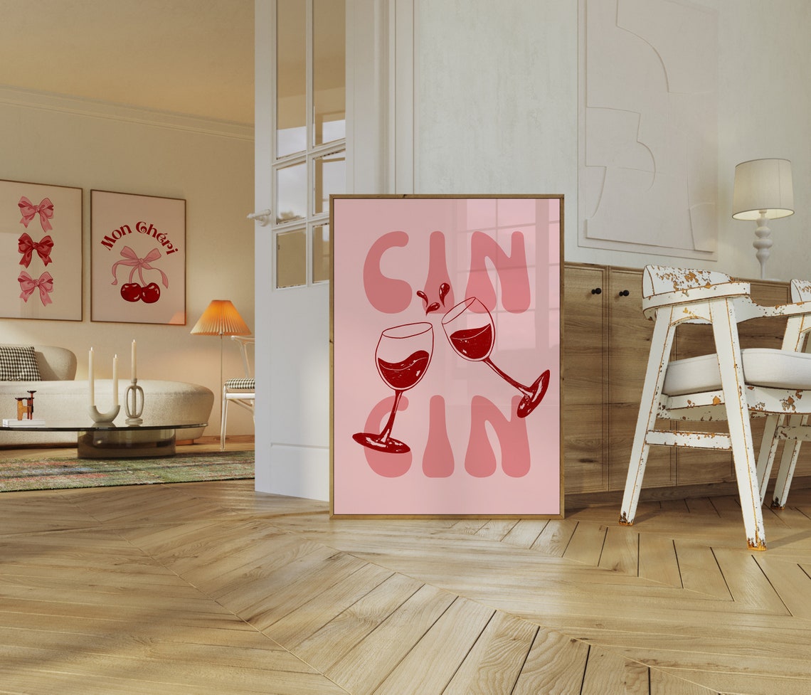 Cin Cin Pink Wine Toast Retro Bar Cart Typography Quote Poster - Image 2