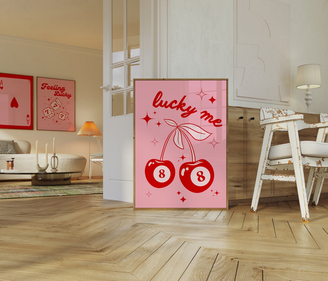 Lucky Me Cherry 8 Ball Retro Pink Preppy Aesthetic Wall Poster - Image 3