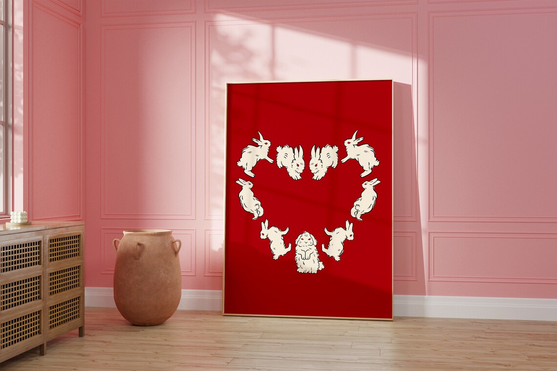 Red Heart Rabbit Poster, Girly Animal Illustration - Image 2