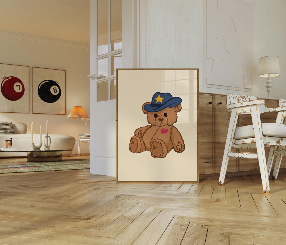 Teddy Bear In Navy Cowboy Hat Cute Vintage Nursery Room Poster - Image 3