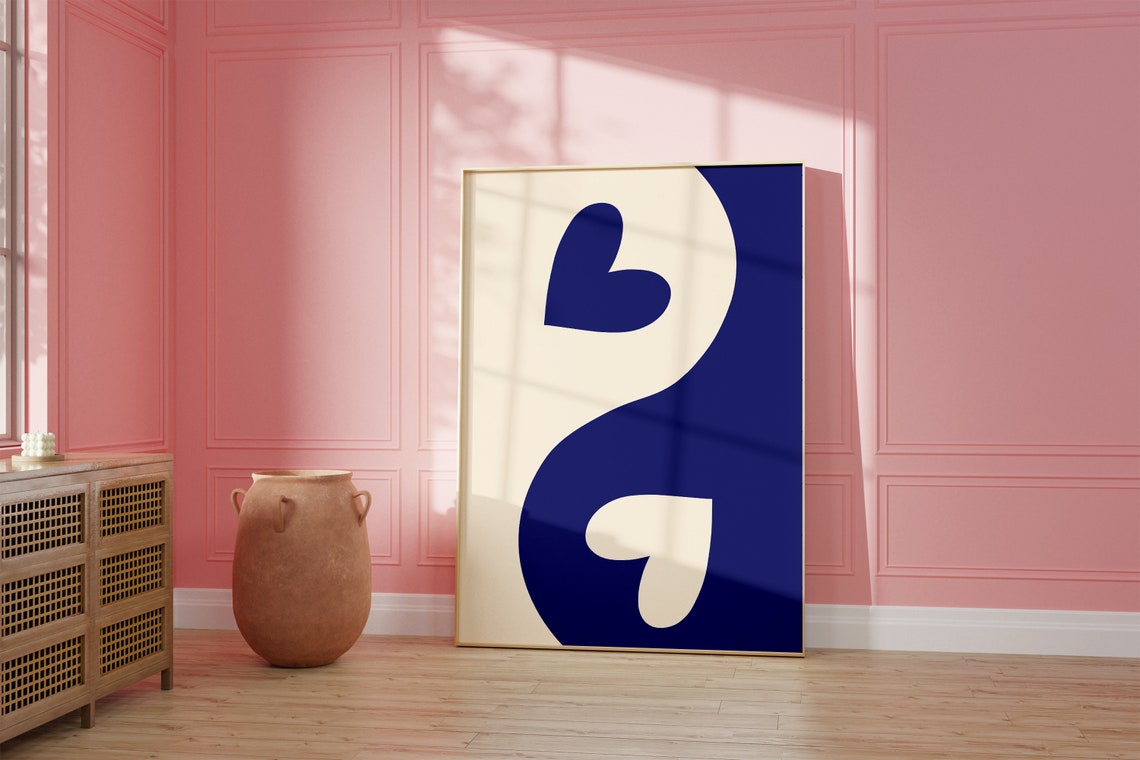 Navy Blue and Cream Heart Yin Yang Abstract Minimalist Art Poster - Image 2