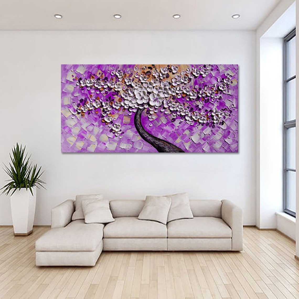 White Blossom Tree On Rich Purple Textured Canvas Oil Poster