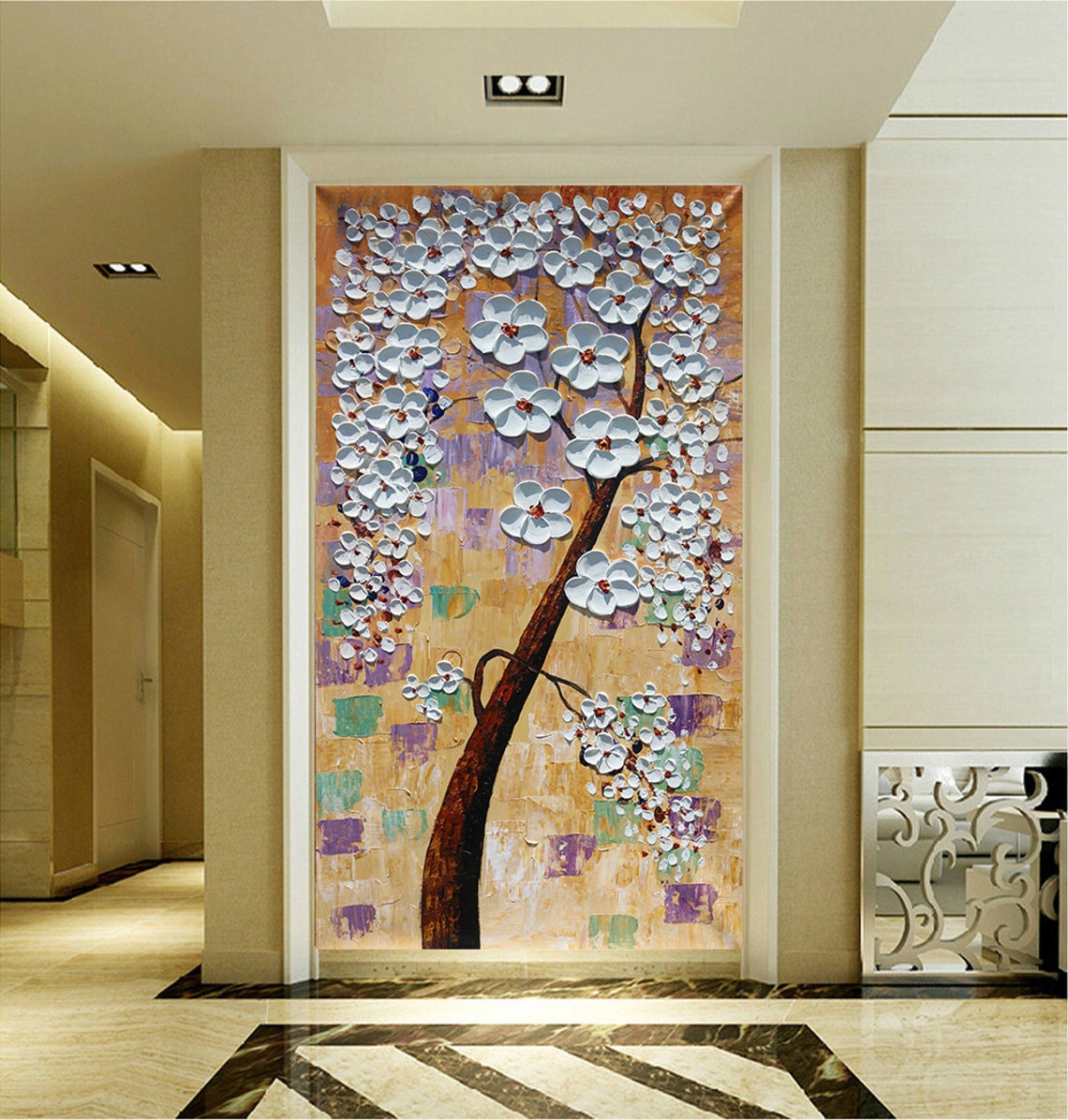 Tall White Blossom Tree Multicolor Palette Knife Floral Poster - Image 3