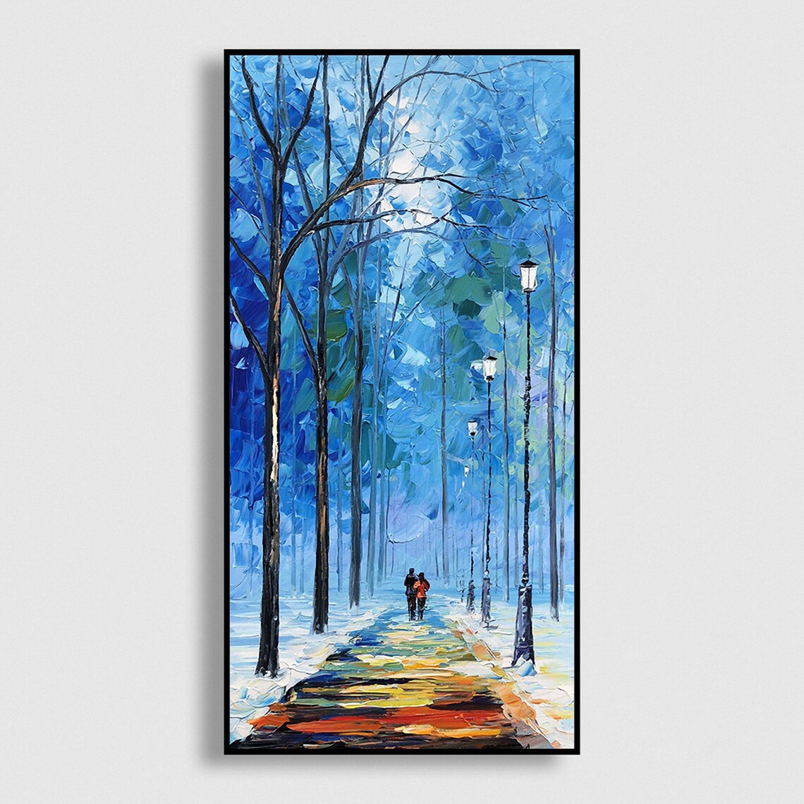 Blue Moonlit Street Lamps Tree Lined Road Couple Painting Poster - Image 6