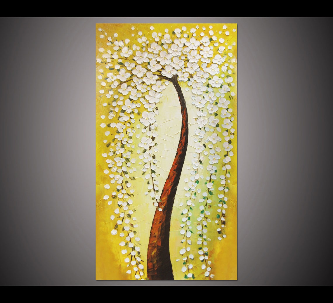 White Weeping Blossom Tree On Radiant Gold Canvas Oil Poster