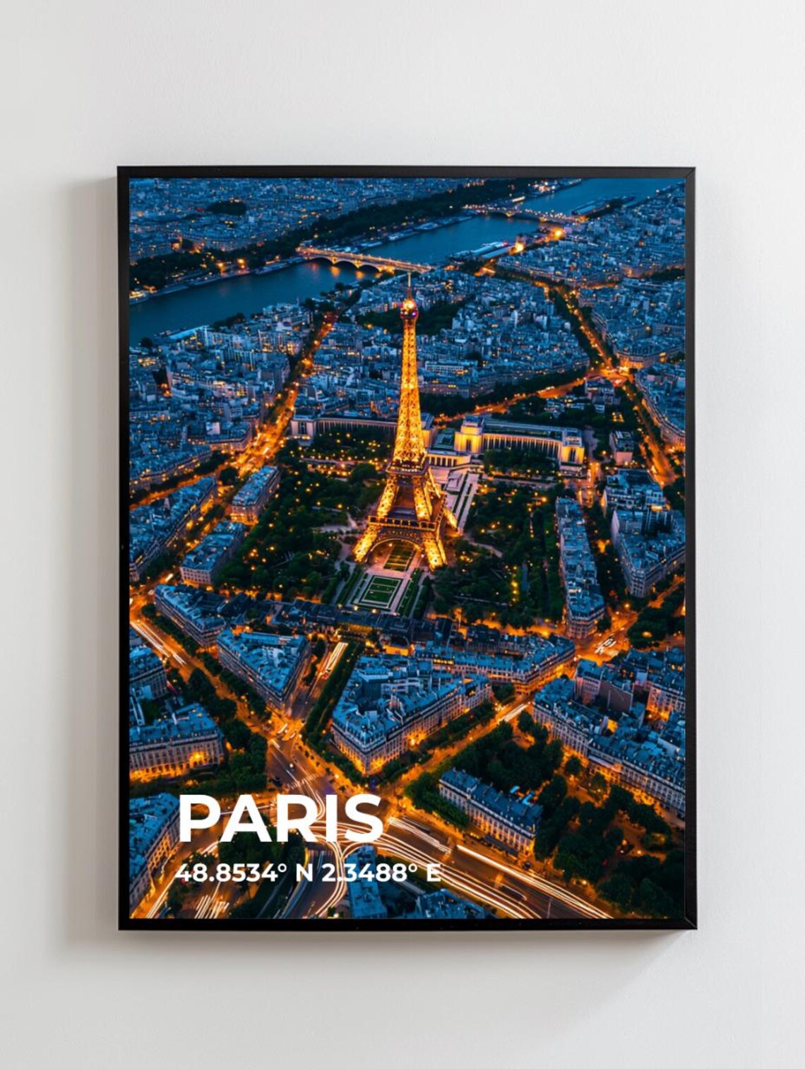 Paris Eiffel Tower Night Aerial View France Coordinates Travel Poster