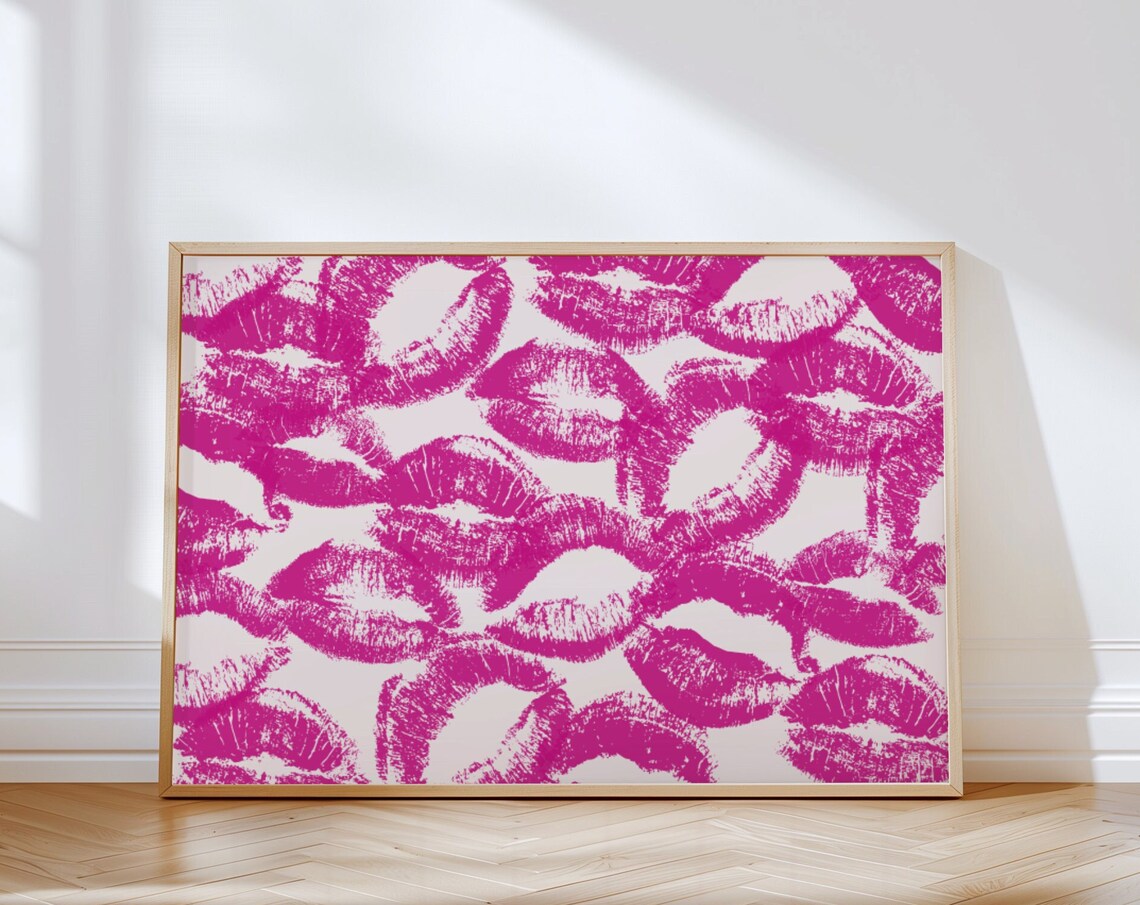 Trendy Lipstick Kisses Print Y2k Funky Wall Art Violet Mouth Kiss Poster Modern Wall Art Horizontal Print French Kiss Print