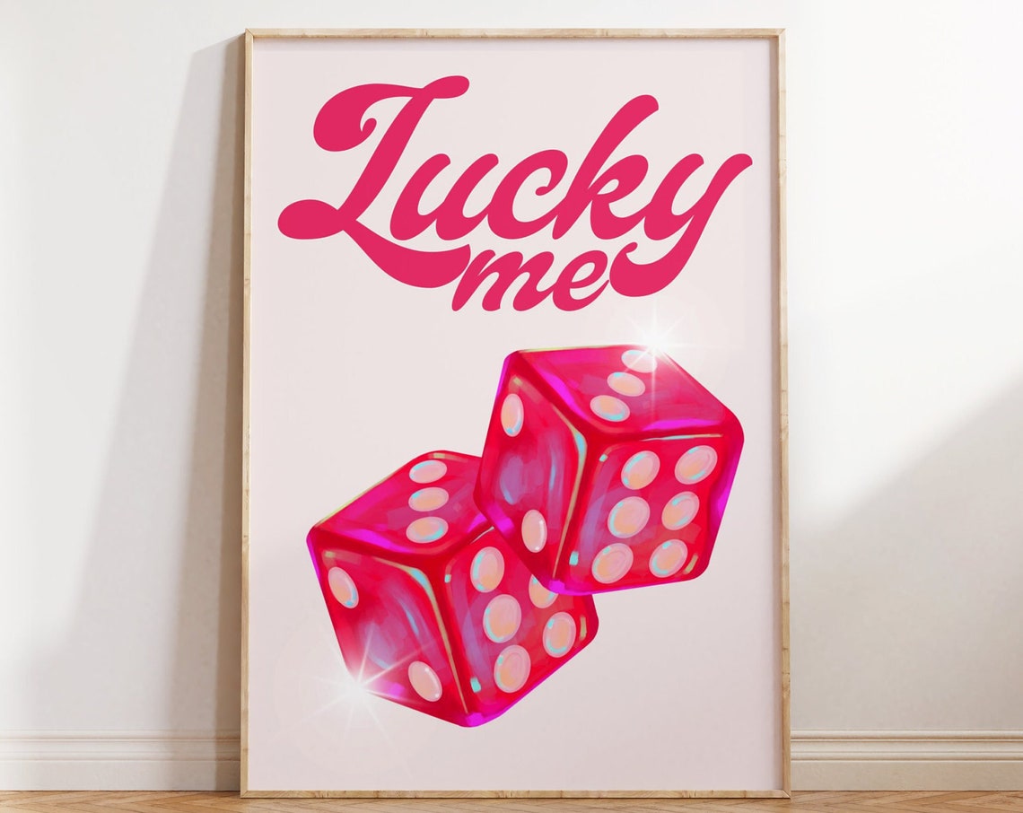 Lucky Me Magenta Script With Red Sparkling Dice Casino Quote Poster