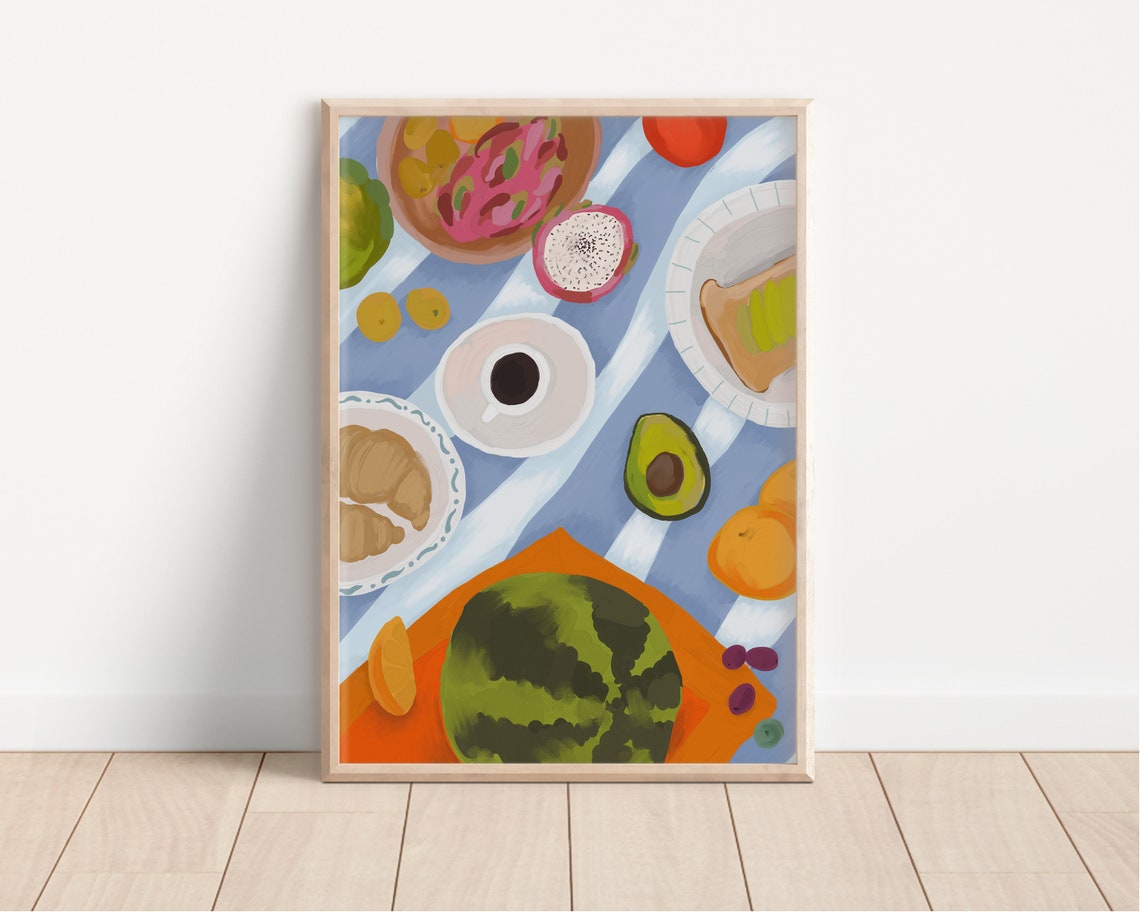 Colorful Breakfast Picnic Spread Coffee Croissant Fruit Poster - Image 2