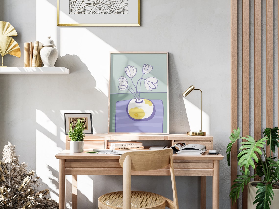 White Blossom Branch Purple Patterned Vase Still Life Poster - Image 3