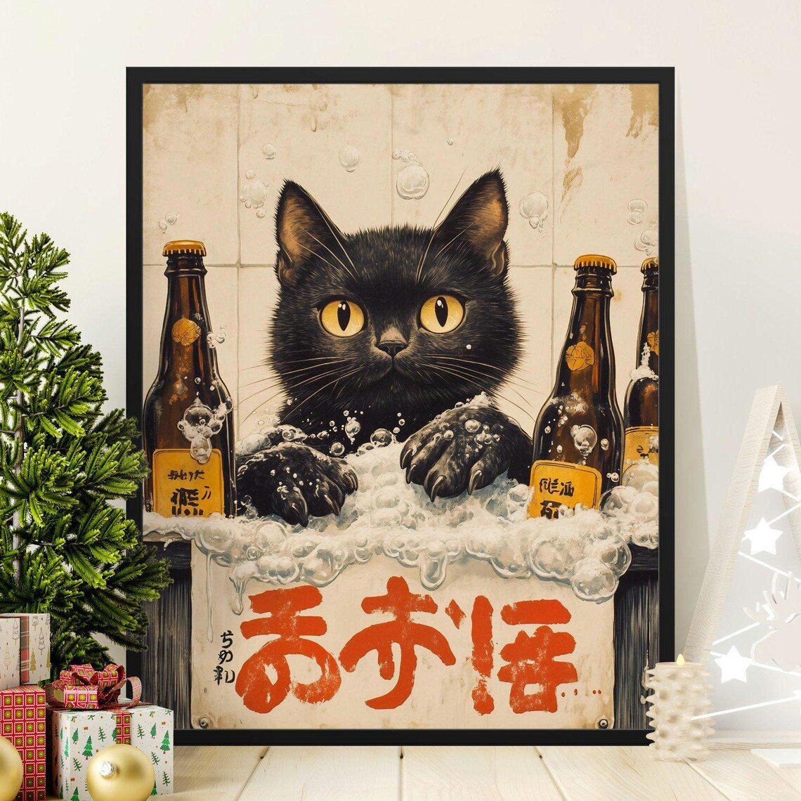 Funny Black Cat Bubble Bath Beer Bottles Quirky Bathroom Art Poster
