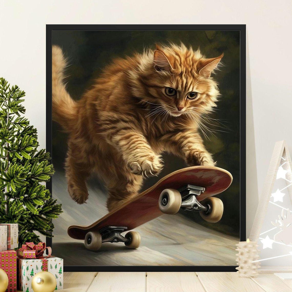 Fluffy Orange Tabby Cat Skateboarding Cool Action Trick Wall Art