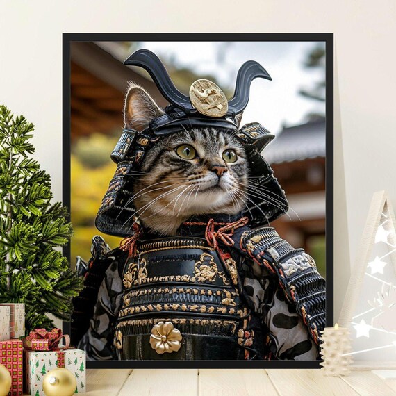Tabby Cat Wearing Samurai Armor Helmet Japanese Warrior Art Poster