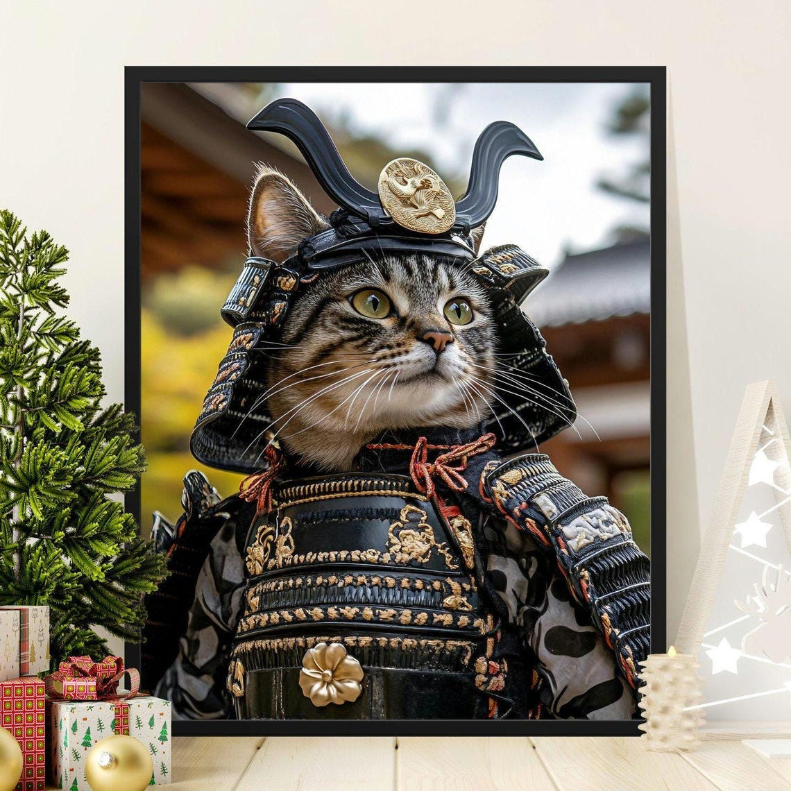 Tabby Cat Wearing Samurai Armor Helmet Japanese Warrior Art Poster
