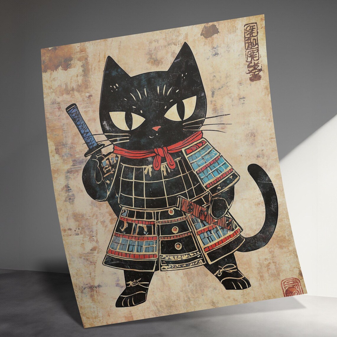 Black Cat Samurai In Armor With Katana Japanese Ink Style Poster - Image 3
