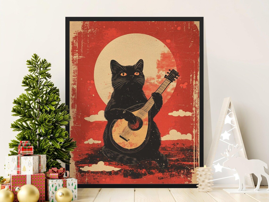 Black Cat Playing Ukulele Under Full Moon Vintage Music Cat Poster