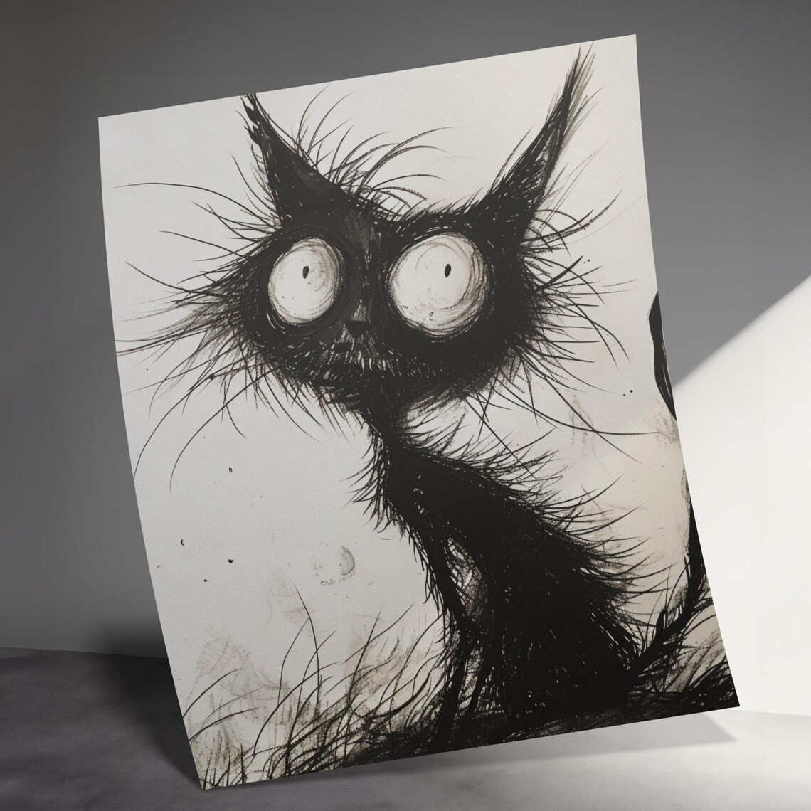Spooky Black Scruffy Cat Huge Round Eyes Ink Sketch Art Poster - Image 3