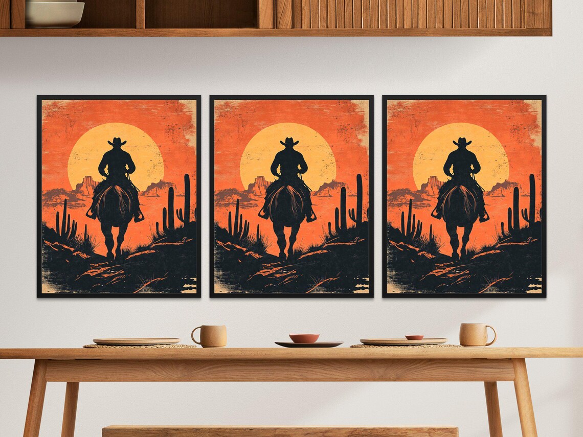 Lone Cowboy Riding Into Desert Sunset Mesas Cactus Western Poster - Image 2