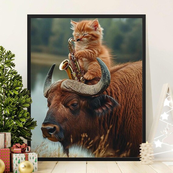 Orange Kitten Playing Saxophone On Buffalo Cute Animal Music Wall Art