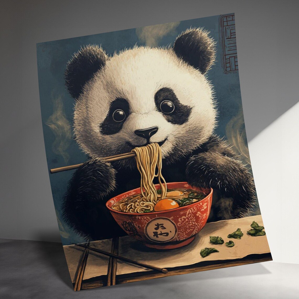 Cute Baby Panda Eating Ramen Chopsticks Bowl Adorable Vintage Kitchen Poster - Image 3
