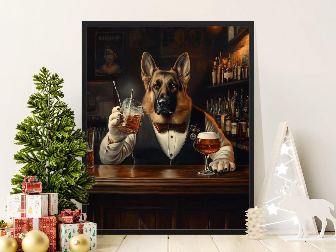 German Shepherd Bartender Whiskey Funny Retro Pub Animal Art Poster
