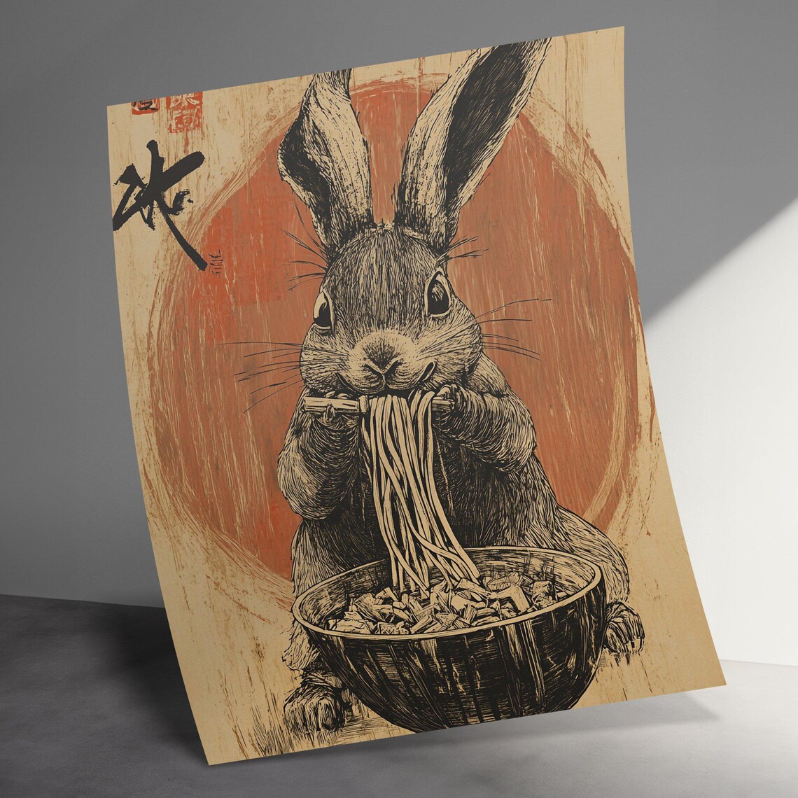 Rabbit Eating Noodles Red Sun Ink Style Japanese Animal Poster - Image 3