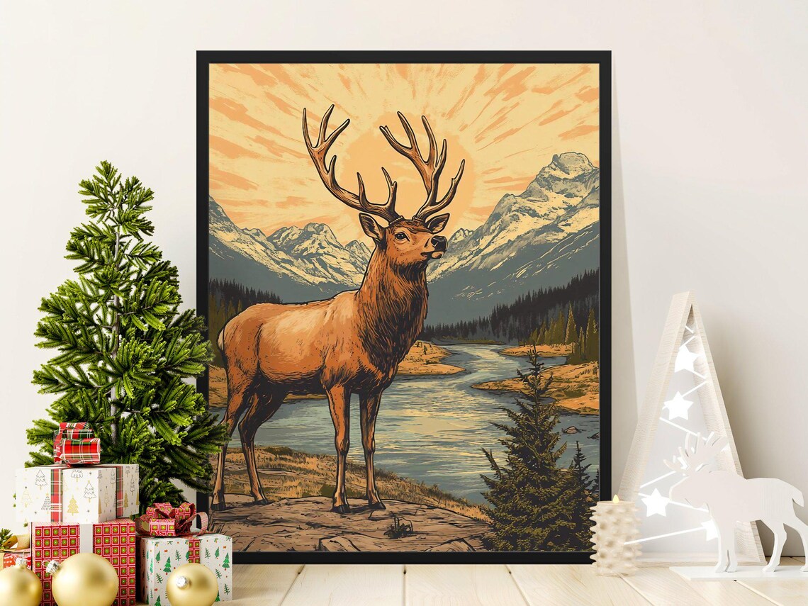 Majestic Elk Mountain River Sunset Vintage Wildlife Travel Poster