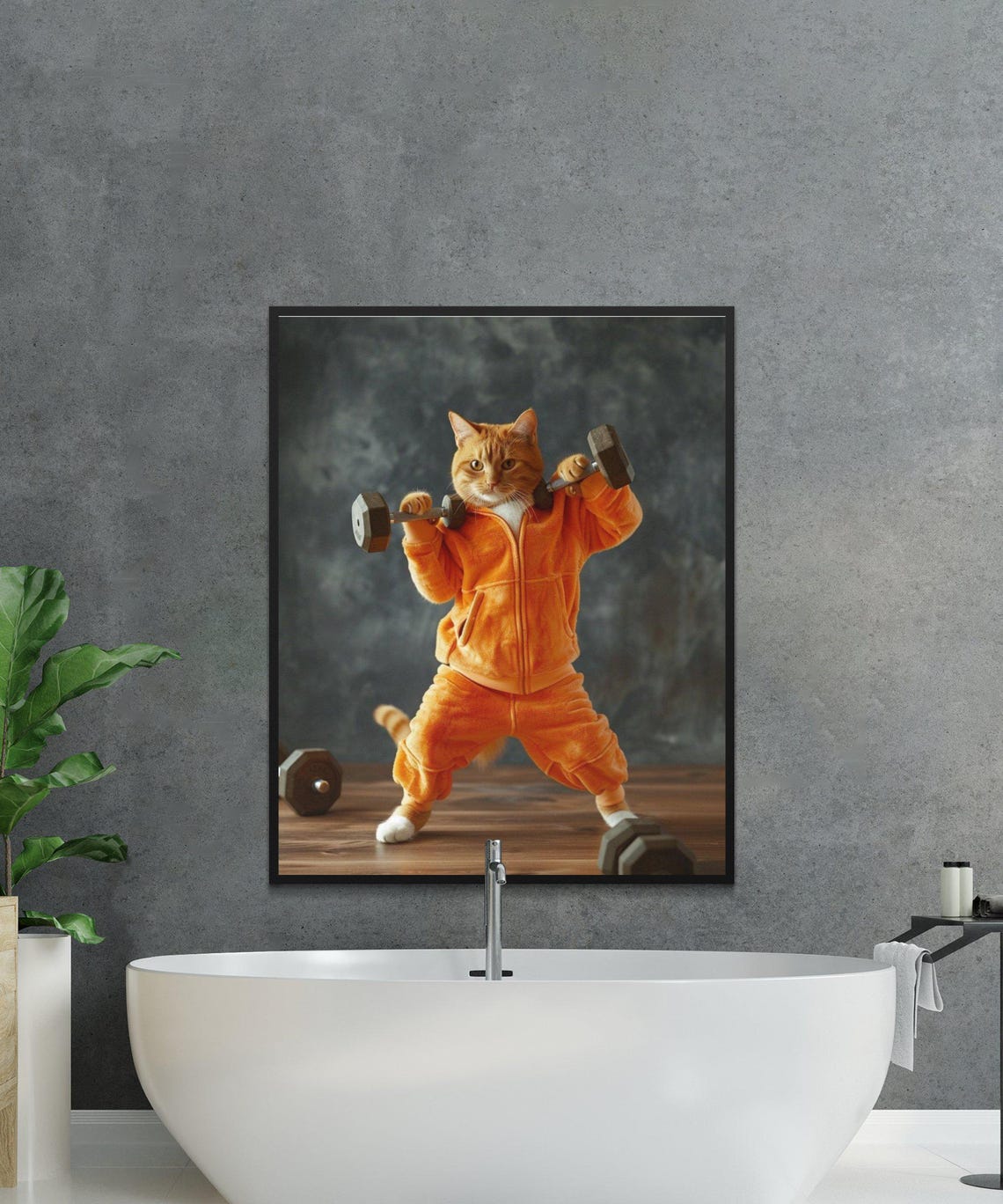Orange Cat Lifting Dumbbells in an Orange Tracksuit Funny Gym Wall Art - Image 3
