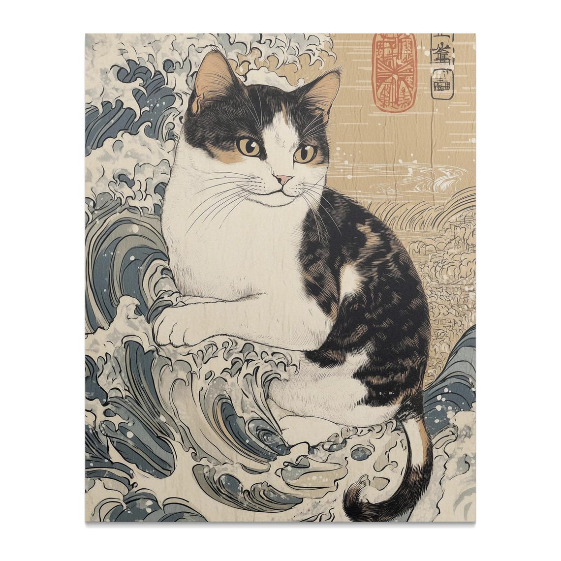 Japanese Woodblock Cat Great Wave Inspired Vintage Cat Poster - Image 2