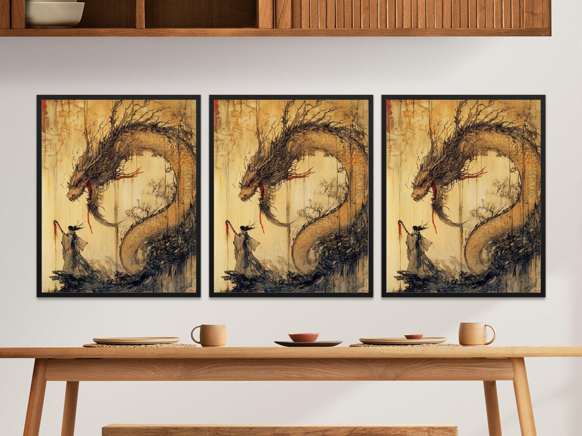 Japanese Dragon Ink Painting Woman Warrior Fantasy Wall Art Poster - Image 2