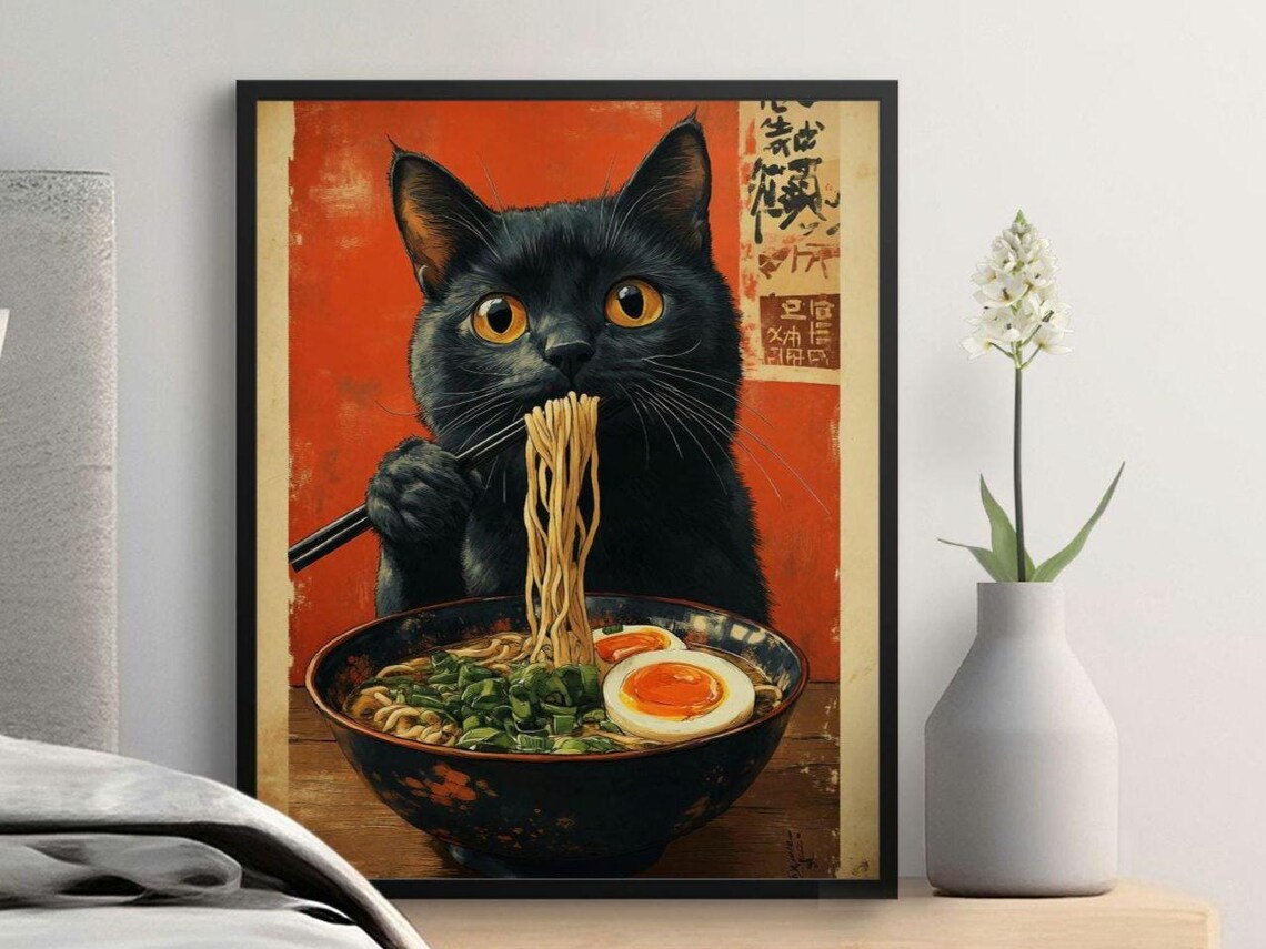 Cute Black Cat Eating Ramen Chopsticks Red Japanese Vintage Food Poster
