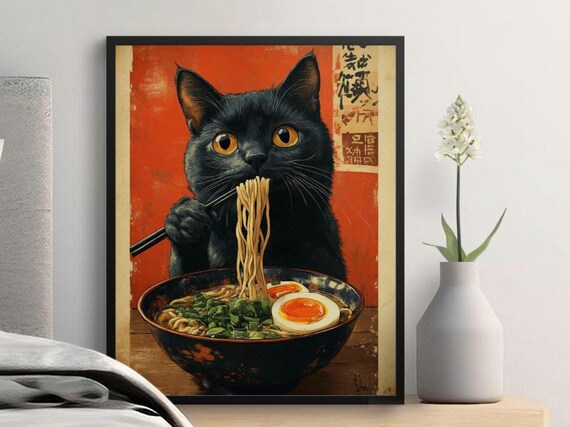 Cute Black Cat Eating Ramen Chopsticks Red Japanese Vintage Food Poster