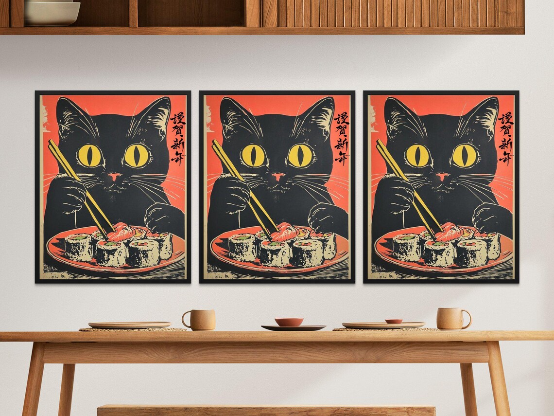 Japanese Black Cat Eating Sushi Retro Style Cat Poster Wall Art - Image 2