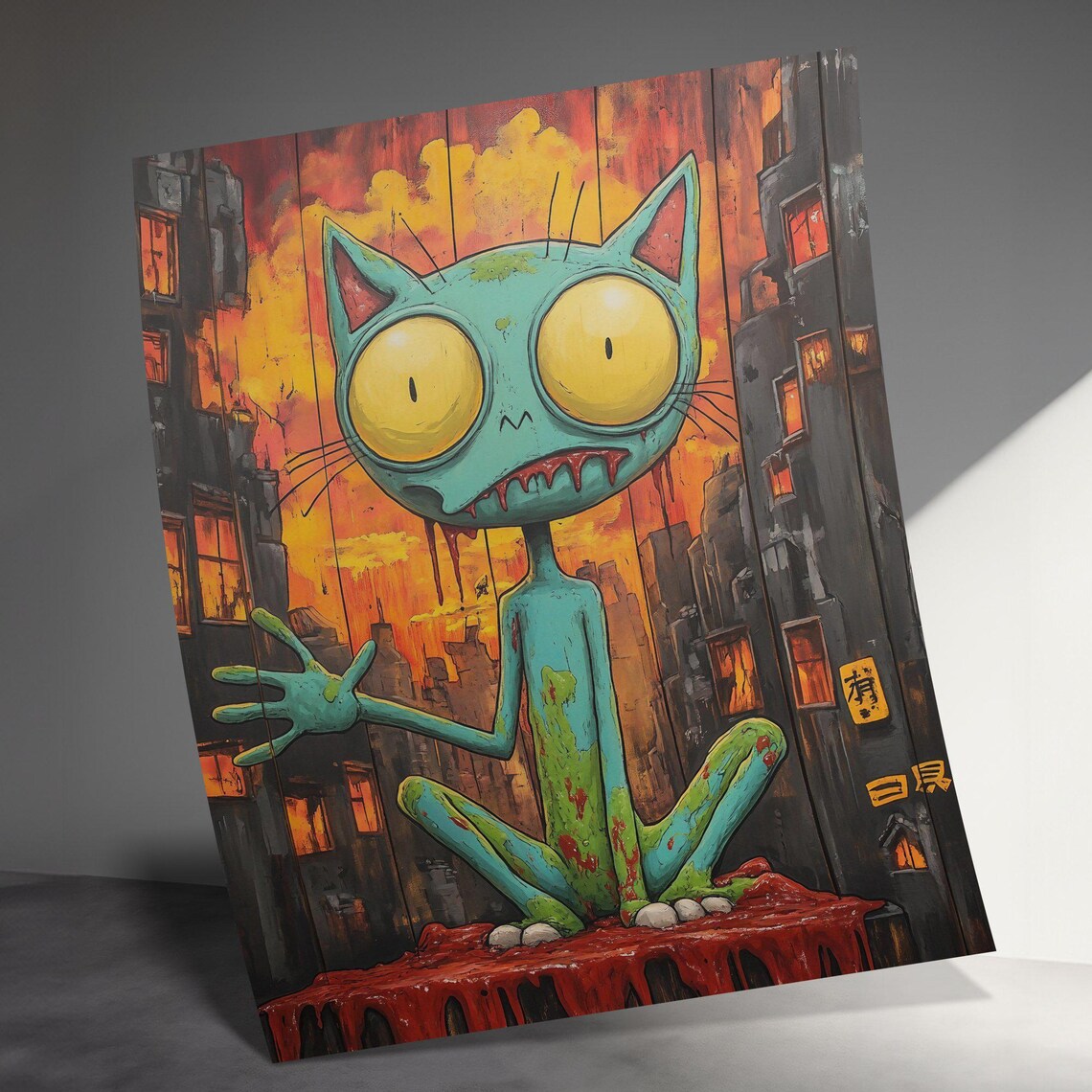 Zombie Cat In Dark City Creepy Urban Illustration Quirky Cat Poster - Image 3
