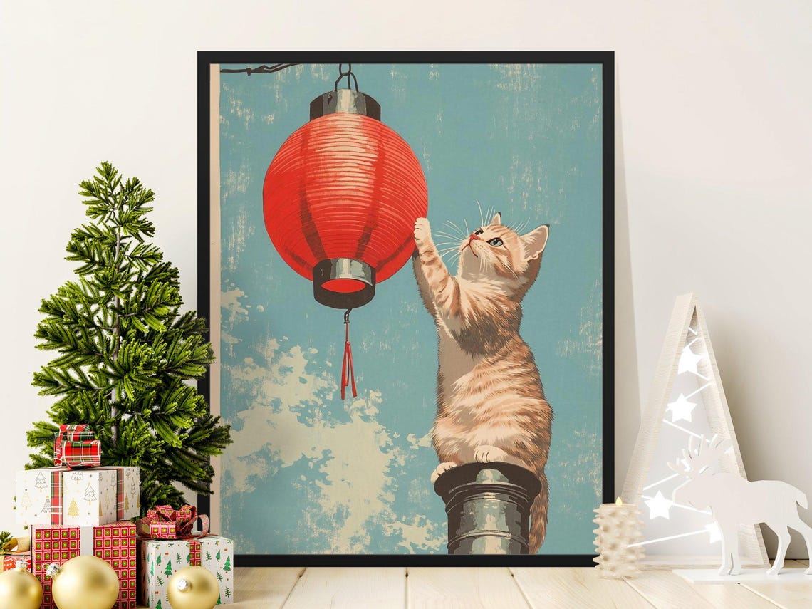 Ginger Kitten Reaching Red Paper Lantern Teal Vintage Art Poster