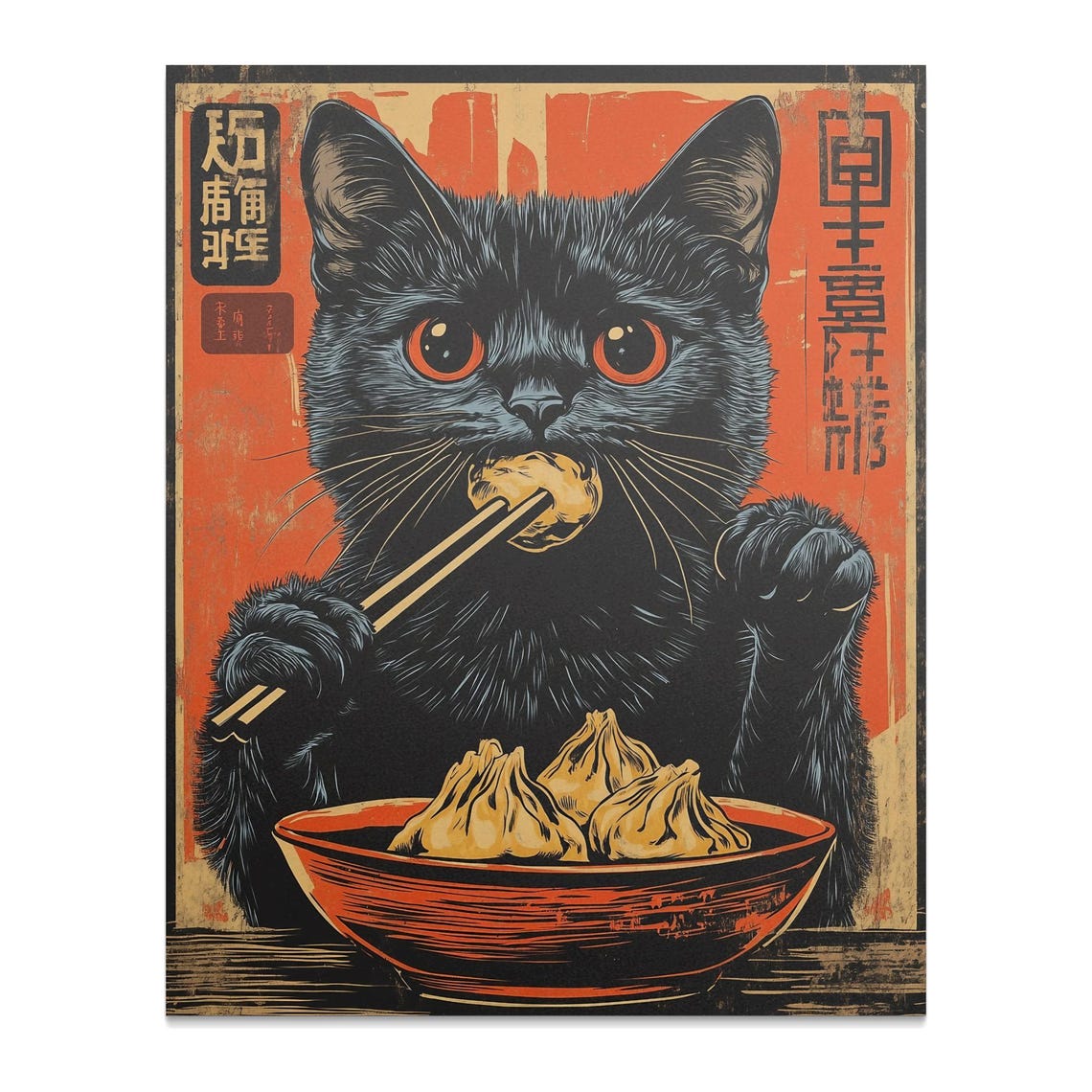 Retro Black Cat Eating Dumpling Chopsticks Japanese Kitchen Poster - Image 2