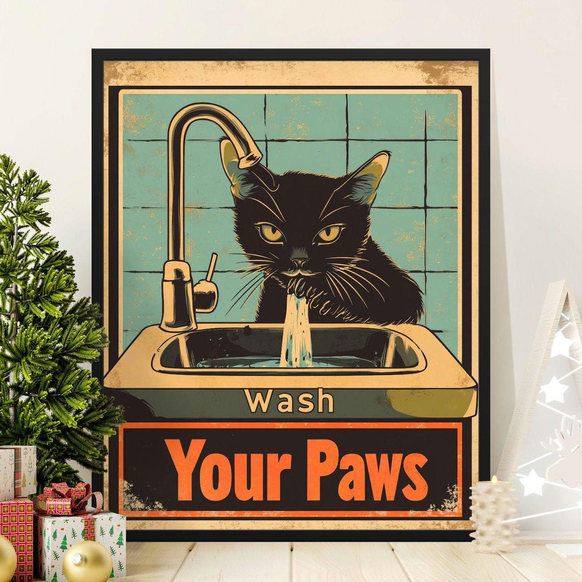 Black Cat Drinking From Faucet Wash Your Paws Funny Bathroom Poster