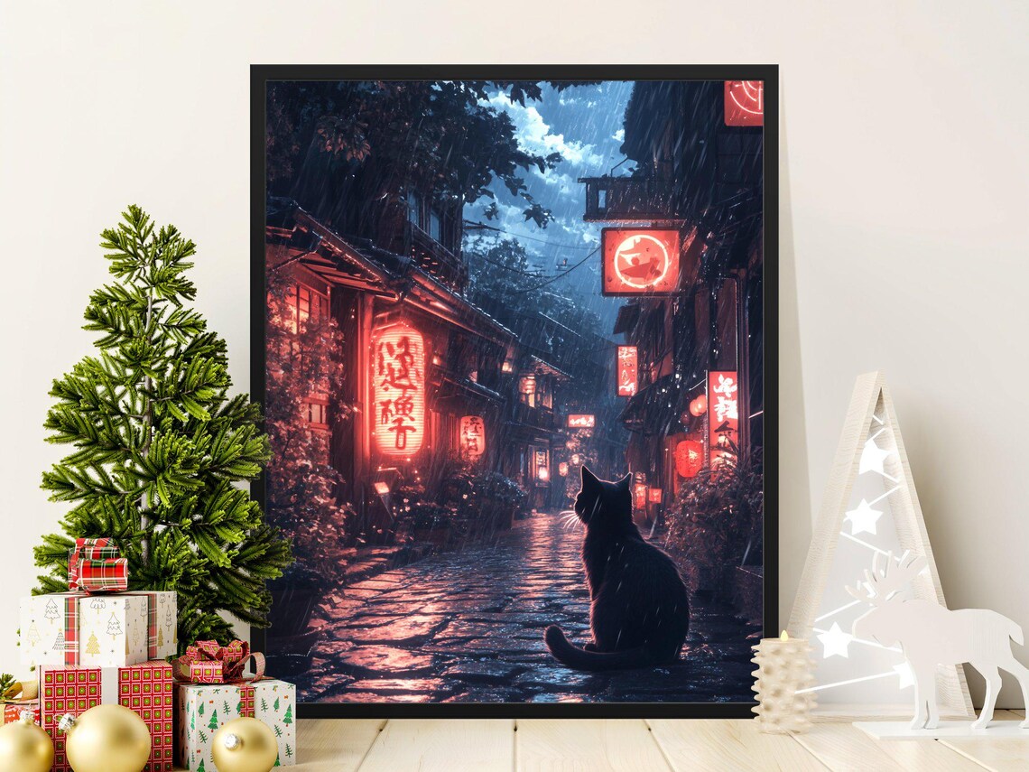 Black Cat In Rainy Tokyo Alley Neon Lights Night Scene Poster