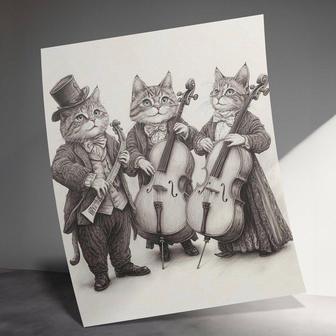 Cat Orchestra Playing Cellos Vintage Engraving Style Classical Wall Art - Image 3