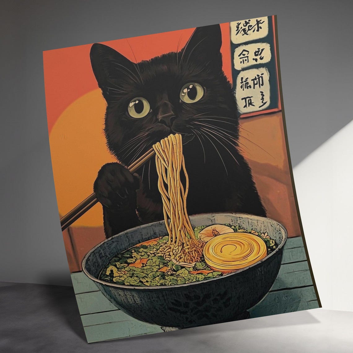 Black Cat Eating Ramen Japanese Style Whimsical Noodle Kitchen Print - Image 3